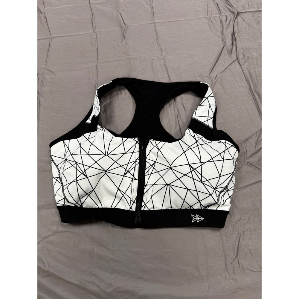 Yvette High Impact Front Zip Sports Bra Black White Geometric Print 44 D-F 3XL